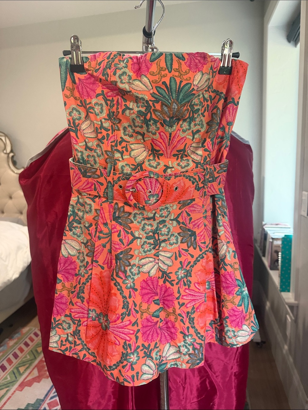 Floral Strapless Belted Romper in Coral and Pink